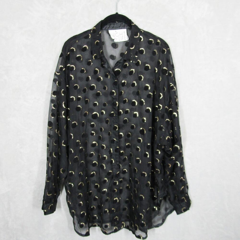 Rothschild Night Life Top XL Shirt Gold Metallic Thread Black Sheer Button Down